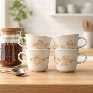 Vintage White Opal Glass mugs with Brown Floral Vine Pattern!